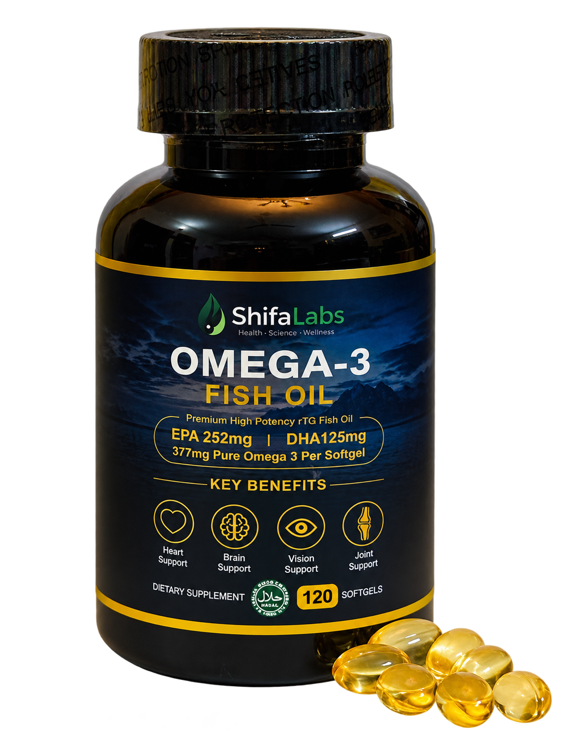 ShifaLabs Omega-3 Fish Oil – 120 softgels bottle